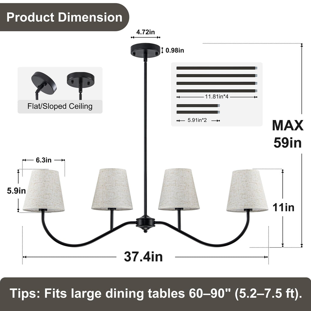 Matt Black Modern Linear Chandelier with White Fabric Shades