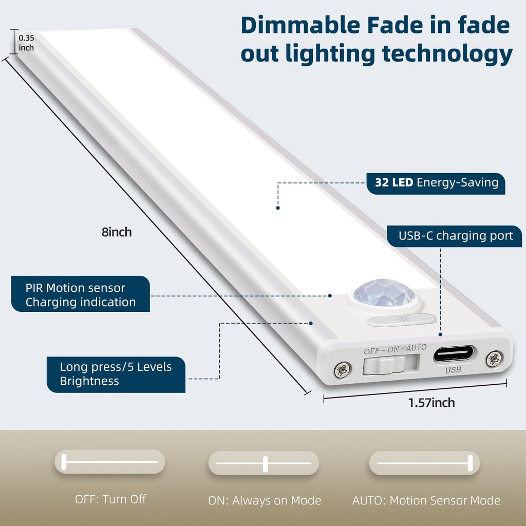 4 Pack Under Cabinet Lighting, Rechargeable Motion Sensor Light Indoor, Wireless Dimmable Magnetic Closet Lights, 32