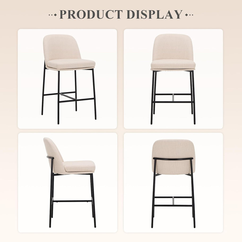 Counter Height Bar Stools Set of 2, 25 Inch Modern Fabric Kitchen Island Stools with Back, Upholstered Counter