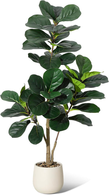 4FT Artificial Fiddle Leaf Fig Tree with White Planter - Realistic Faux Ficus Lyrata Trees with 48 Leaves, Indoor