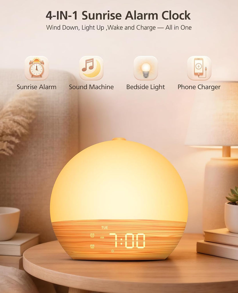Wood Grain White Noise Sound Machine Sunrise Alarm Clock with 30 Soothing Sounds, 17 Night Lights, Bluetooth Speaker