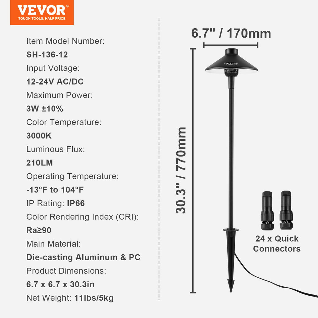 12 Pack Low Voltage Landscape Path Lights, 3W /DC Outdoor LED Pathway Lighting, 3000K Warm White
