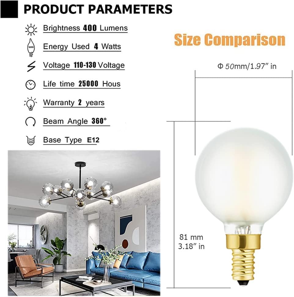 E12 Frosted LED Bulbs, 40W Candelabra Dimmable Chandelier Light Bulbs Daylight 4000k G16.5 4W E12 g50 Vintage Globe