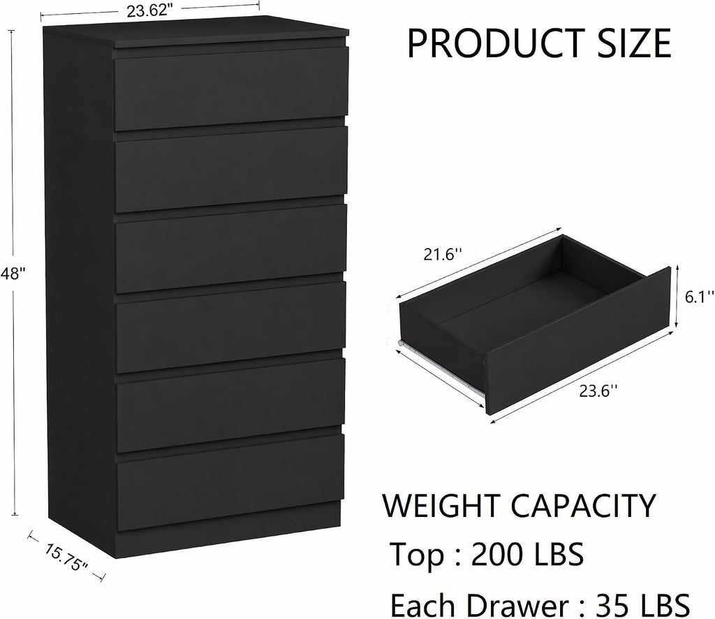Black 6 Drawer Dresser ,Tall Modern Dressers & Chest of Drawers with Handle-Free Design,Wood Storage Dresser with