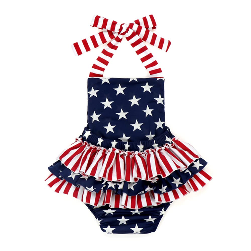 Baby Girls 4th of July Outfits Stars Stripe Print Halter Strap Romper Ruffled Bodysuit One-Piece Jumpsuit USA Flag