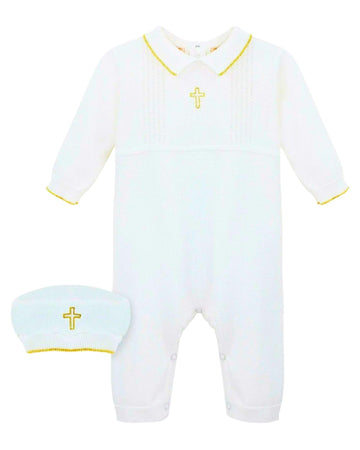 Boys Knit Christening Baptism Outfit Gold Cross Hat