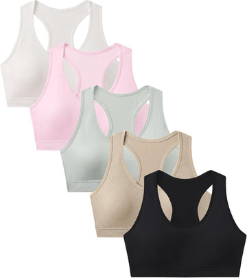 Girls Training Bra Supportive Seamless Sports Bras for Teens Girls with Racerback Removable Pads Pack of 5