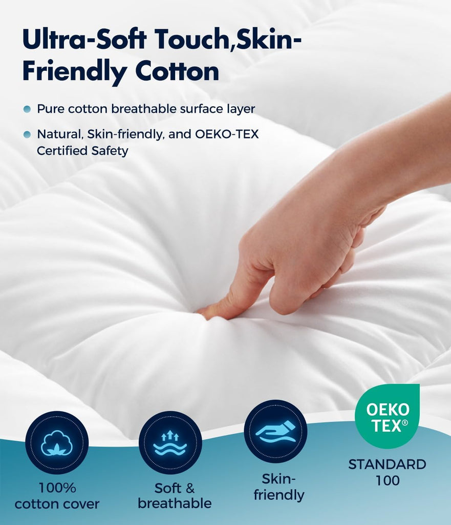 Full Cotton Mattress Topper, Extra Thick Pillow Top Mattress Pad | 100% Pure Cotton Surface, Cooling Plush Bed Cover