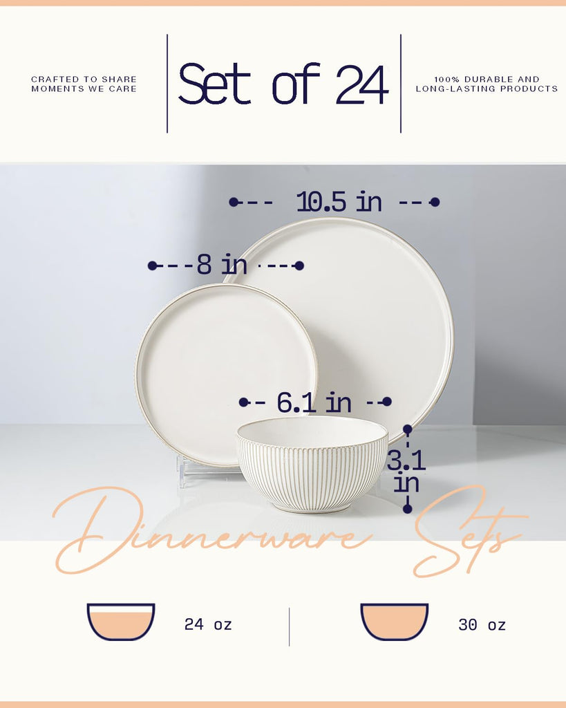 Dinnerware Sets, Plates and Bowls Sets for 8 (10.5" Dish + 8" Dish + 6" Bowl), Microwave and Dishwasher Safe, Ceramic