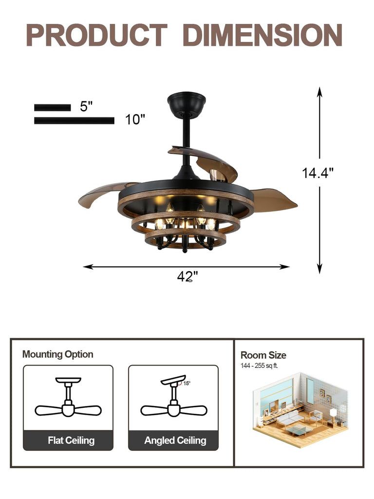 42" Retractable Chandelier Ceiling Fan with Light Rustic Farmhouse Ceiling Fan