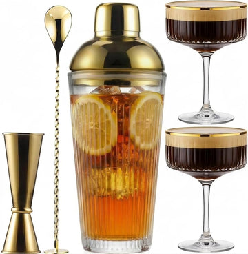 Gold Cocktail Shaker Set | 160oz Fashion Bartender Kit with Elegant Coupe Glasses, Gold Jigger, Mixing Spoon - Set of 3