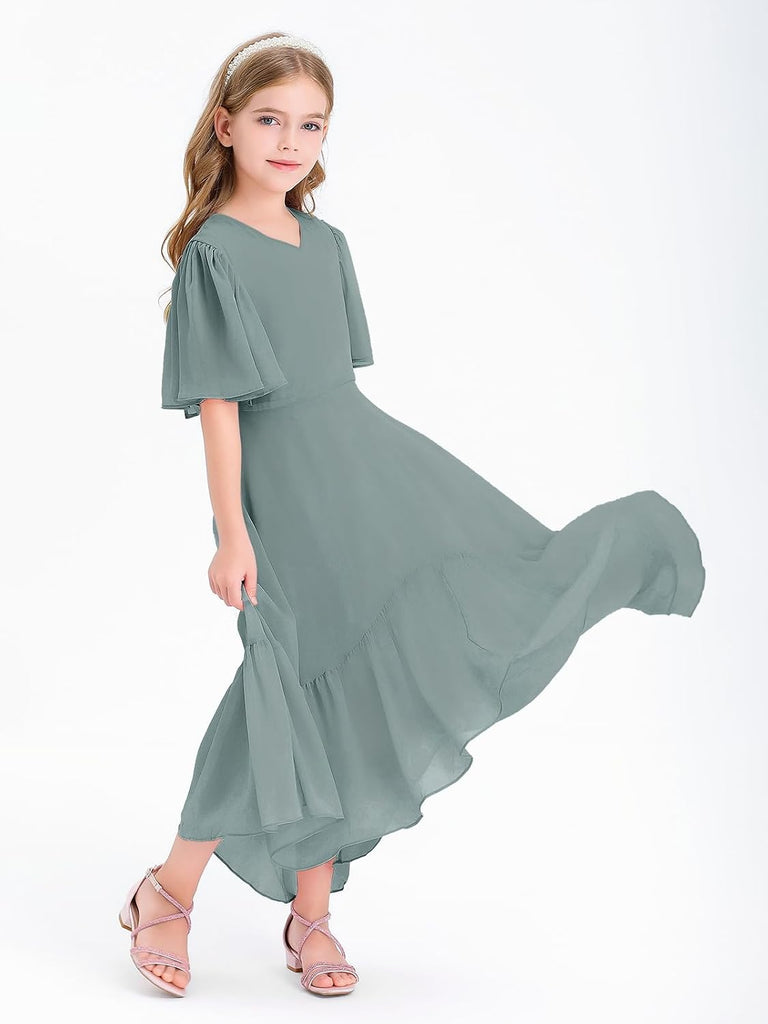 Girls Ruffle Dresses Short Sleeve Junior Bridesmaid Party Dress
