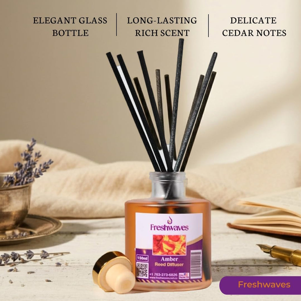 Amber Reed Diffuser |150ml| Long-Lasting Flameless Fragrance & Decorative Glass Bottle - Set of 6