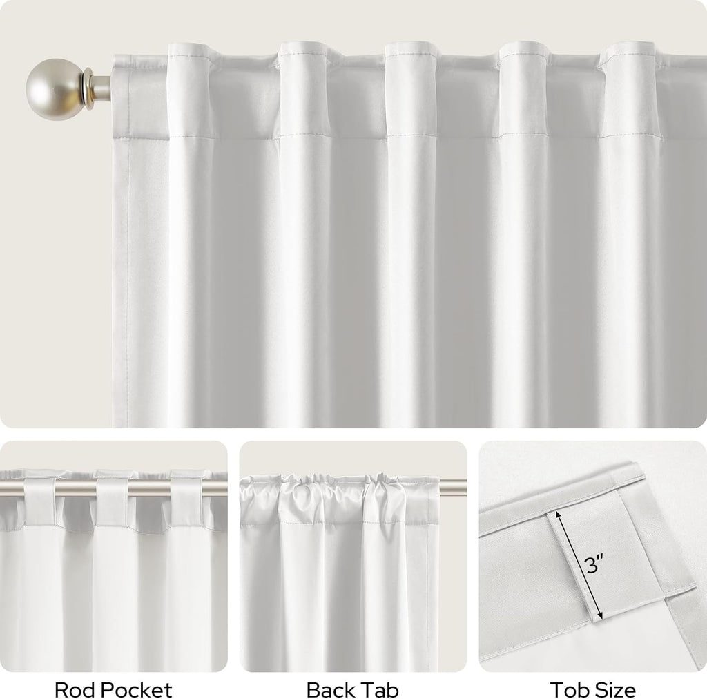 100% Blackout Faux Silk Curtains,Greyish White Noise Reduction Thermal Insulated Room Darkening Window Drapes, Luxury