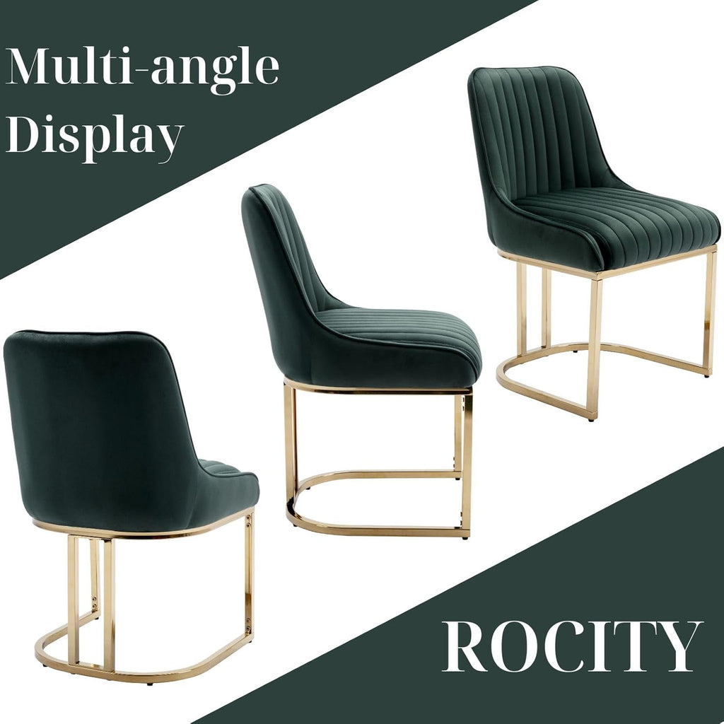 Velvet Dining Chairs Set of 2 Green Upholstered Dining Room Chairs with Gold Legs Modern Armless Kitchen Chairs with