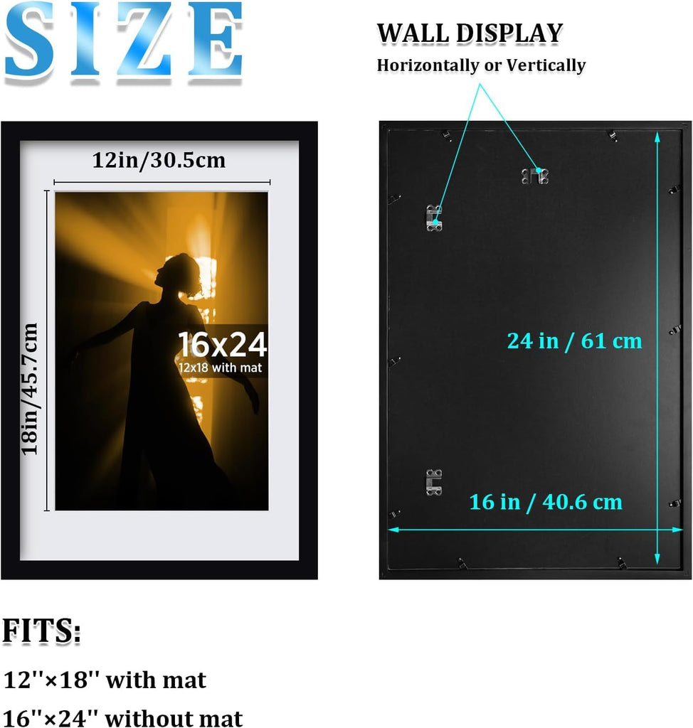 16x24 Solid Wood Picture Frame, Made of Solid Wood Covered by Plexiglass 12x18 with Mat 16x24 without Mat, Poster