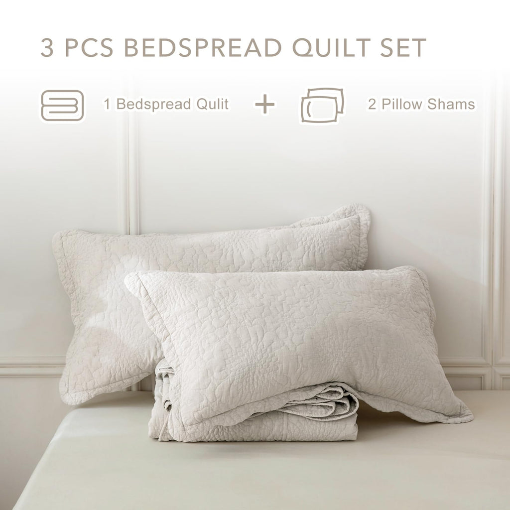 Light Wheat Stonewashed Cotton Oversized King Quilt Bedspread (128"x120"), 3PCs Farmhouse Rustic Wave Pattern