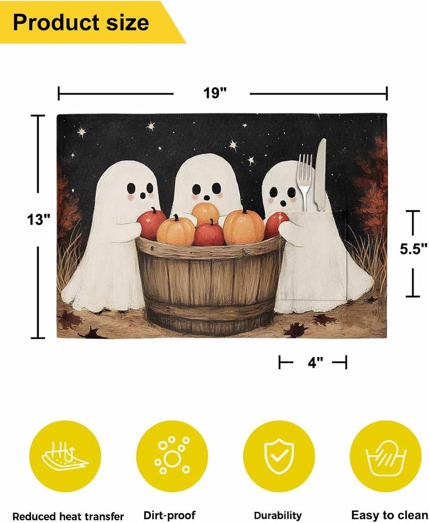 Cute Ghost Placemats Set of 6, Autumn Napkins Harvest Black Night Woven Placemat Washable Wipeable Table Placemat