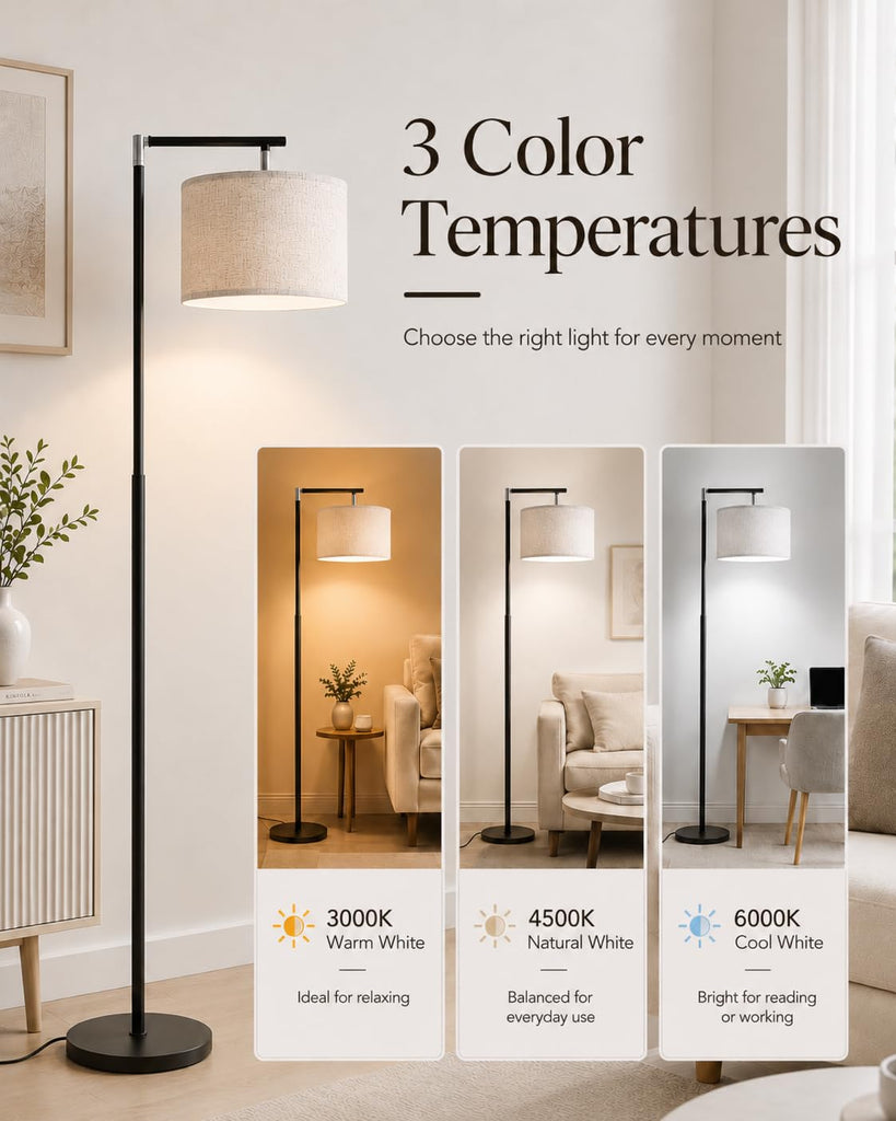 Modern Arc Floor Lamp, Adjustable Linen Shade, Black