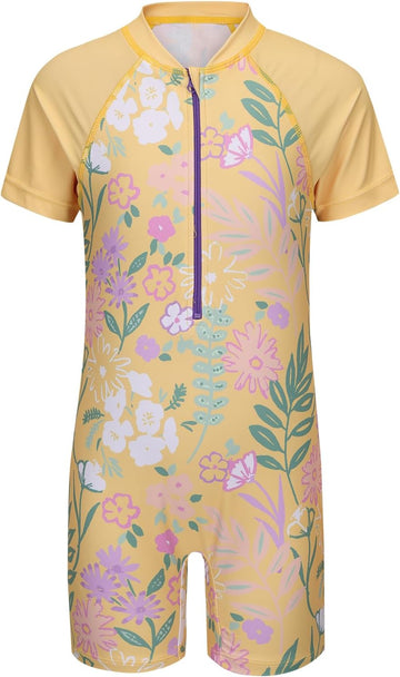 Girls Rash Guard Swimsuits One Piece Bathing Suits for Girls UPF 50+ Sun Protection Short Sleeve Sunsuits Zipper