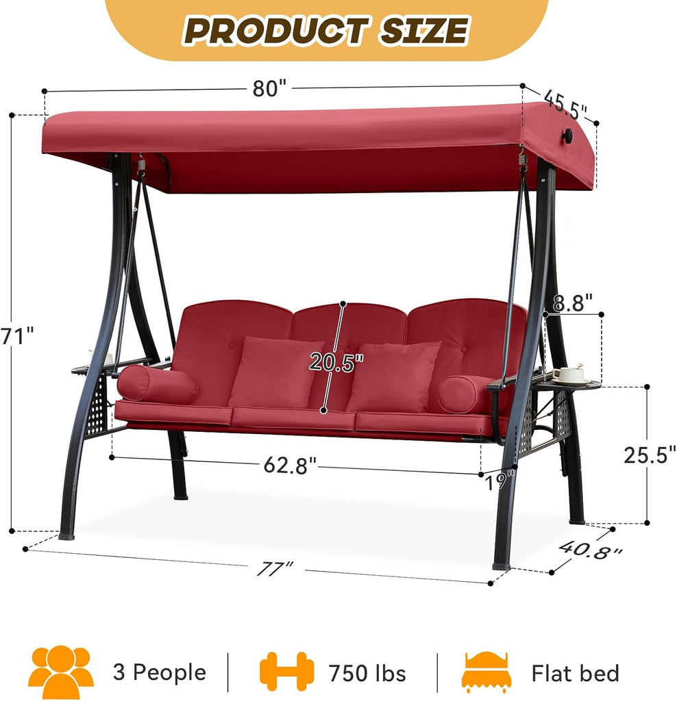 3 in 1 Outdoor Porch Swing with Adjustable Canopy, 3 Seat Outdoor Swing for Adults, Patio Swing Chair with Thickened