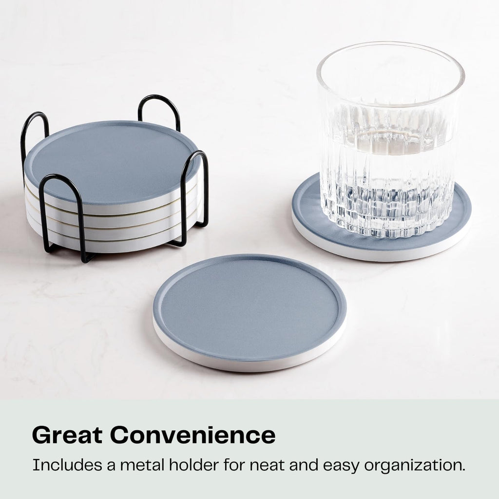 Set of 6 Dusty Blue Coasters with Holder, Absorbent Ceramic Drink Coasters with Cork Backing for Table Protection