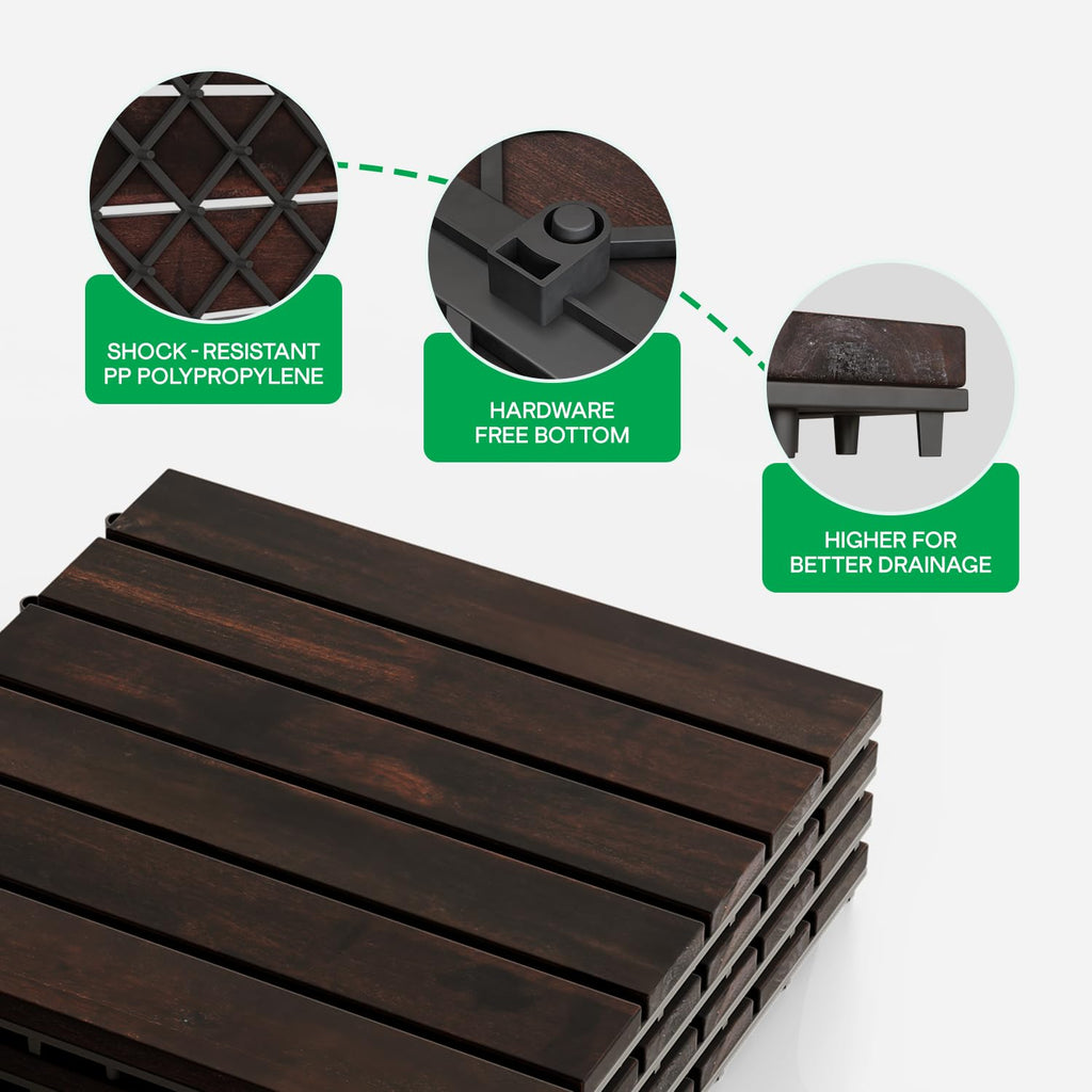 Interlocking Deck Tiles 9.6 SQFT - 10PCS Waterproof Acacia Wood Patio Tiles, Flooring Tiles for Indoor and Outdoor