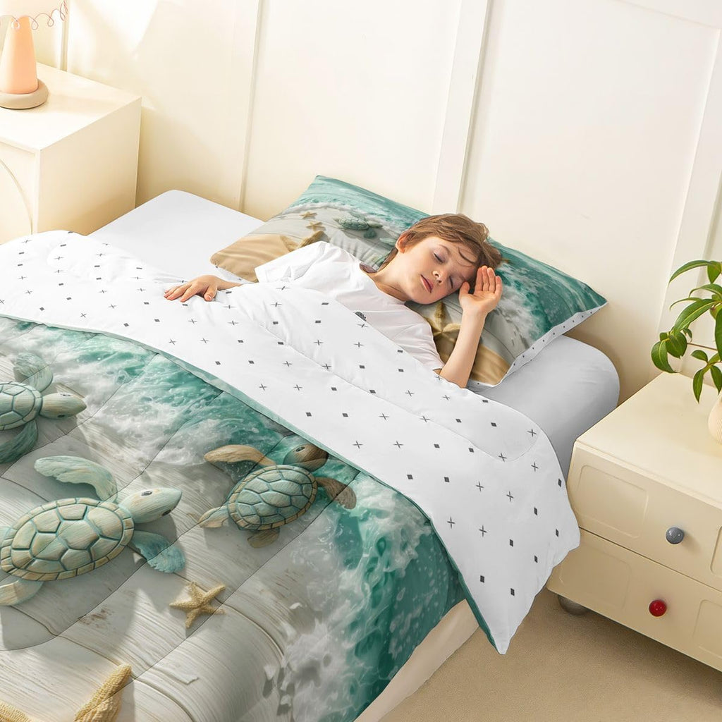 Seaside Beach Bedding Set, Sea Turtle Starfish Comforter Set with 2 Pillowcases, Coastal Ocean Sea Wave Bed