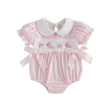 My First Easter Baby Girl Outfit Bunny Embroidery Bubble Romper Short Sleeve Bow Jumpsuit Smocked Clothes (Bunny