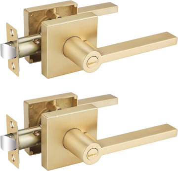 2 Pack Gold Door Knobs Interior, Satin Brass Privacy Door Lever