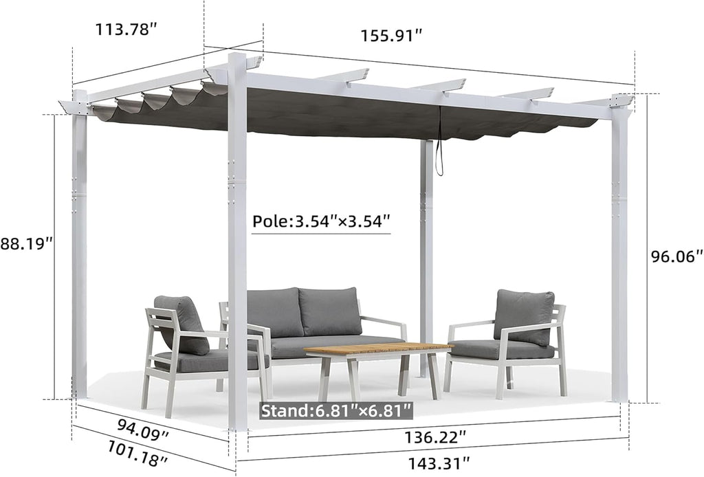 10' x 13' Outdoor Retractable Pergola Heavy-Duty Aluminum White Pergola with Sun Shade Canopy Patio Modern Shelter for