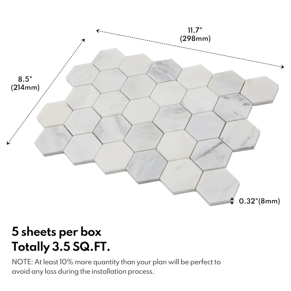 Bianco Alba Marble Stone 2 Inch Hexagon White Marble Mosaic Tile Wall Bathroom Shower Floor (5 Sheet, Honed)