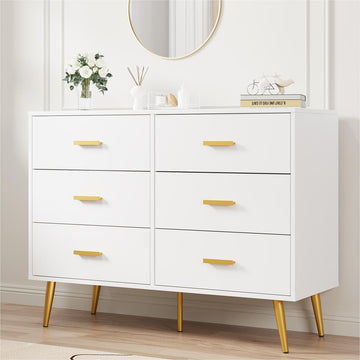 6 Drawer, Chest of Drawers with Gold Handles, White