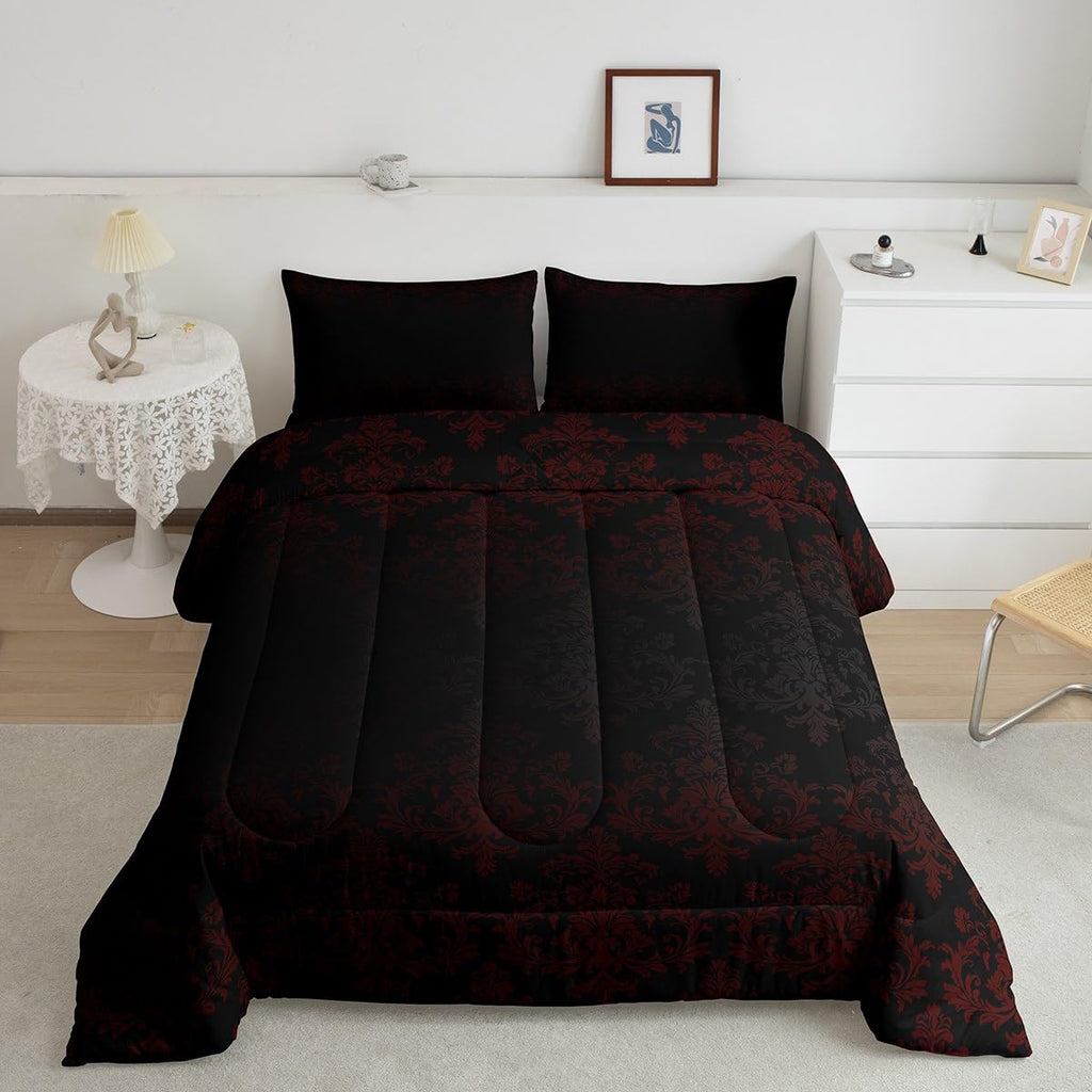 Black Red Damask Bedding Sets Full Size, Antique Victorian Baroque Boho Reversible Down Comforter Breathable Polyester