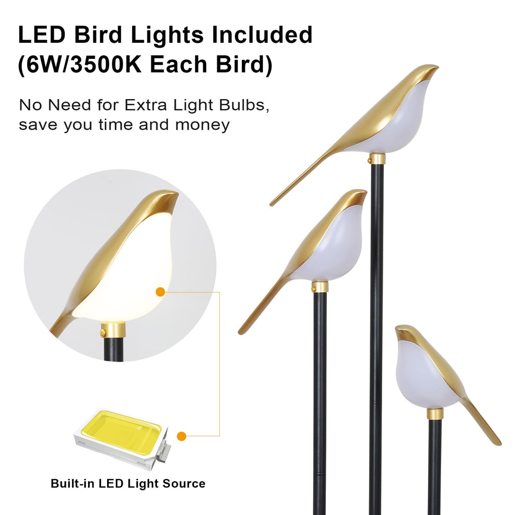 Black and Gold Floor Lamp, Bird Floor Lamp with Shelves, Modern floor Lamps, 3-Light Corner Standing Lamp, LED Stand