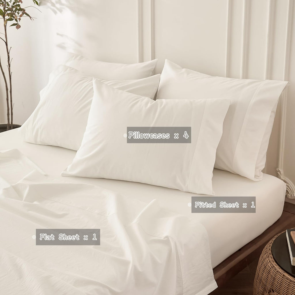 6PS Off White Bedding Sheet Set, 100% Washed Cotton
