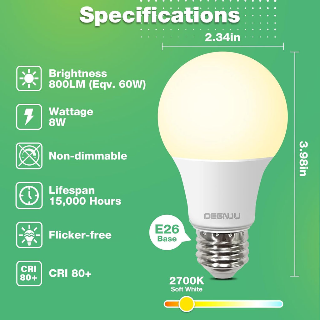 24 Pack LED Light Bulbs Soft White 2700K, 60 Watt Equivalent LED Bulbs, A19 Standard Bulbs, 800 LM, 15000 Hours, E26