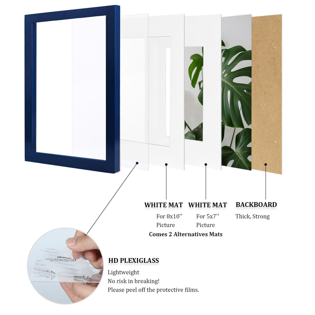 11x14 Picture Frame Made of Solid Wood Covered by Plexiglass, Display Pictures 5x7/8x10 with Mat or 11x14 Without Mat