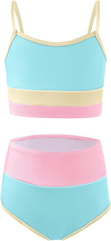 Girls Swimsuits Bikini Set Adjustable Straps Two Piece Color Block Girls' Swimwear with Chest Pad