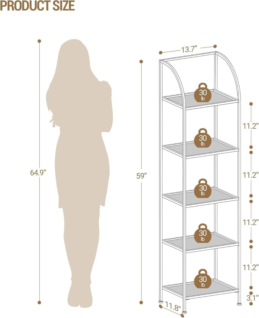 Bookcase Bookshelf, Tempered Glass Arched Bookshelf for More Storage, Slim Shelving Unit, Steel Frame
