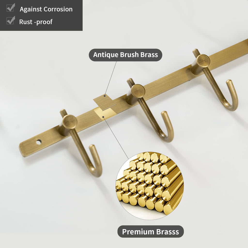 Antique Brass Hooks, 8 Hook Coat Rack, Bath Wall Mounted Vintage Brushed Brass Bathroom Row Hooks Rustic Towels Coats