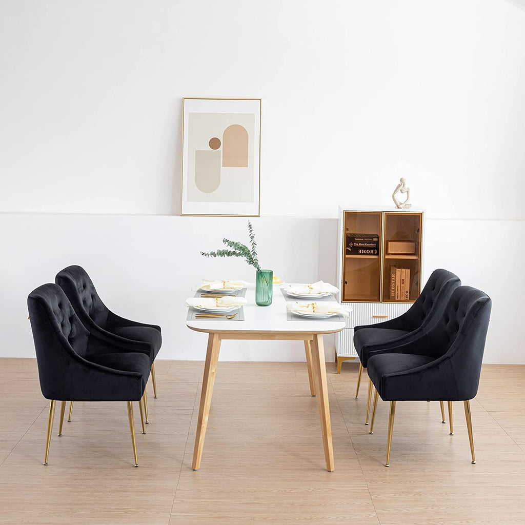 Modern Dining Chair Set of 4, Mid-Century Room Chair, Upholstered Comfortable Velvet with Back Pull Rod and Metal
