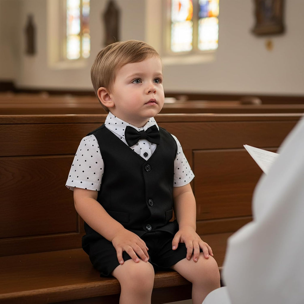 Boy Gentleman Outfits Short Sleeve Bowtie Shirt with Vest and Shorts Formal Wedding 3Pcs Suit Set