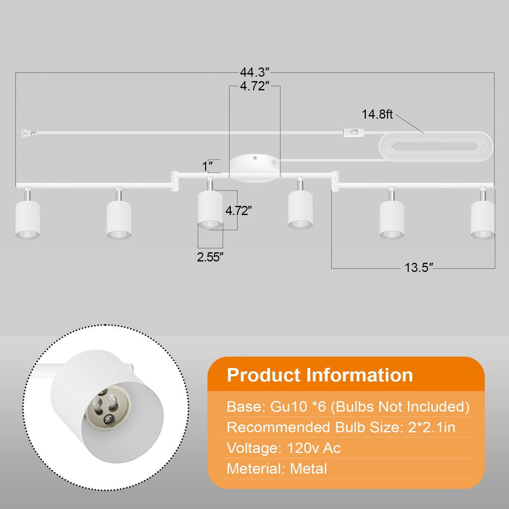 Plug in Track Lighting LED, Track Lighting Fixtures Ceiling, White 6-Light Kitchen Light Kit, Plug in Wall Light
