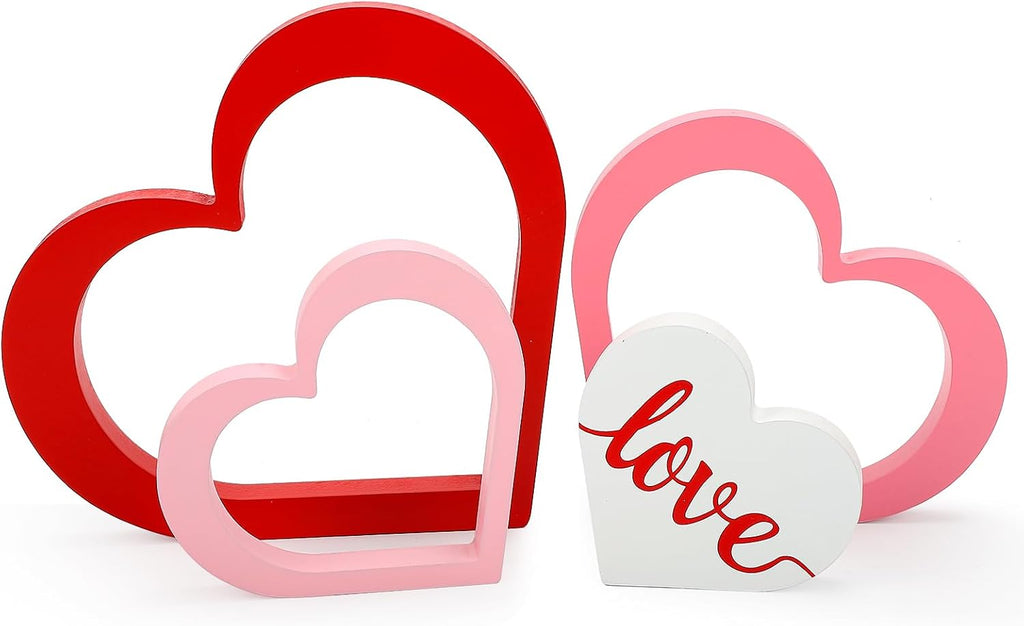 Wooden Hearts Valentine's Day Decorations Indoor, Wood Heart Blocks Tiered Tray Decor, Red Pink White - Set of 4