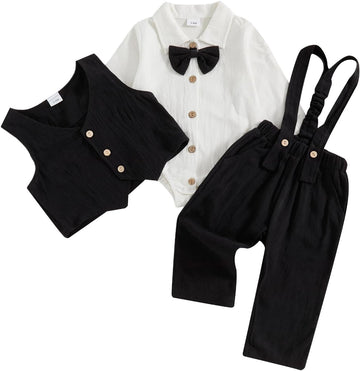 Baby Boy Dress Clothes Long Sleeve Romper Shirt Bowtie Waistcoat Suspender Pants Set Suit Fall Outfits