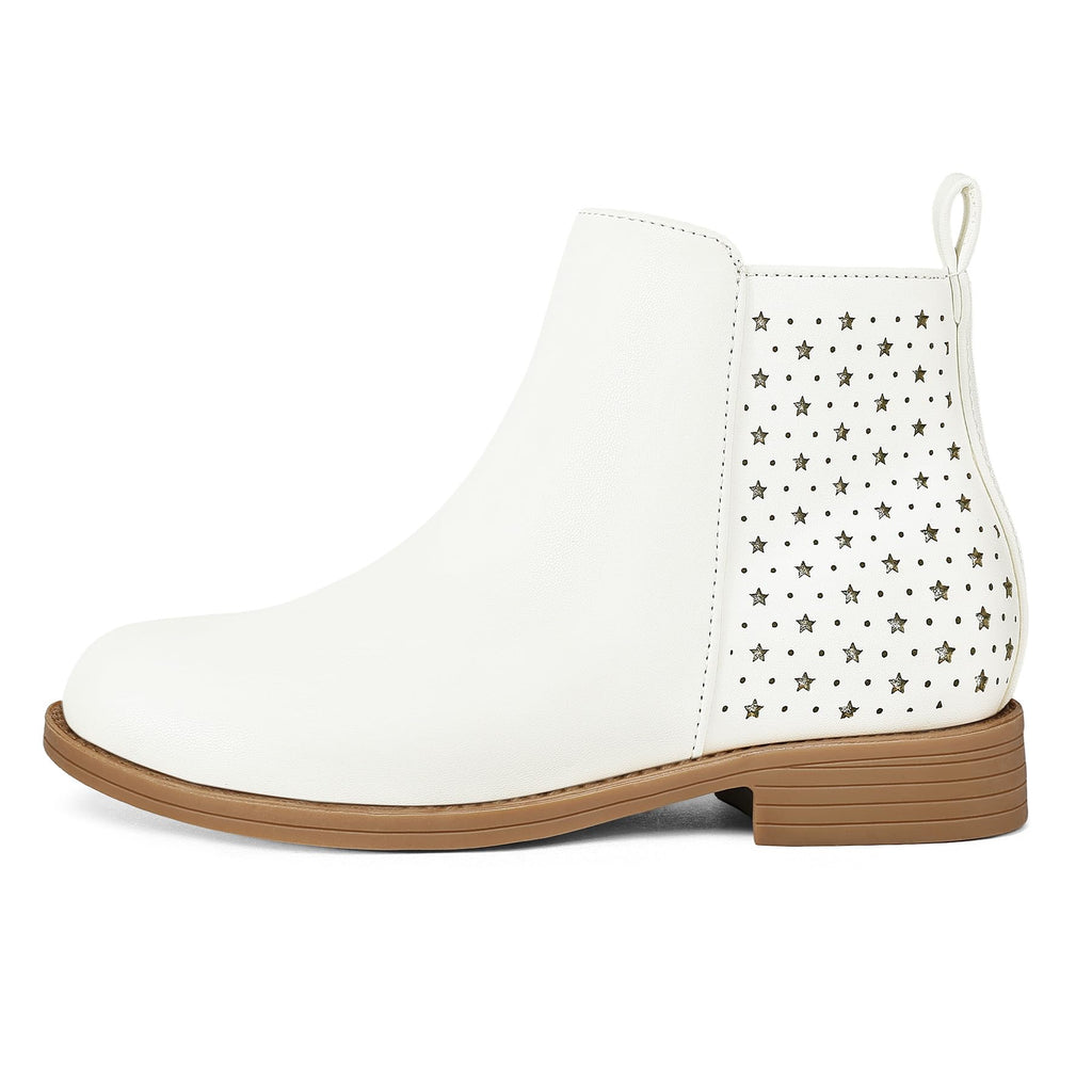 Girls Ankle Boots Low Heel Booties with Side Zipper, White PU