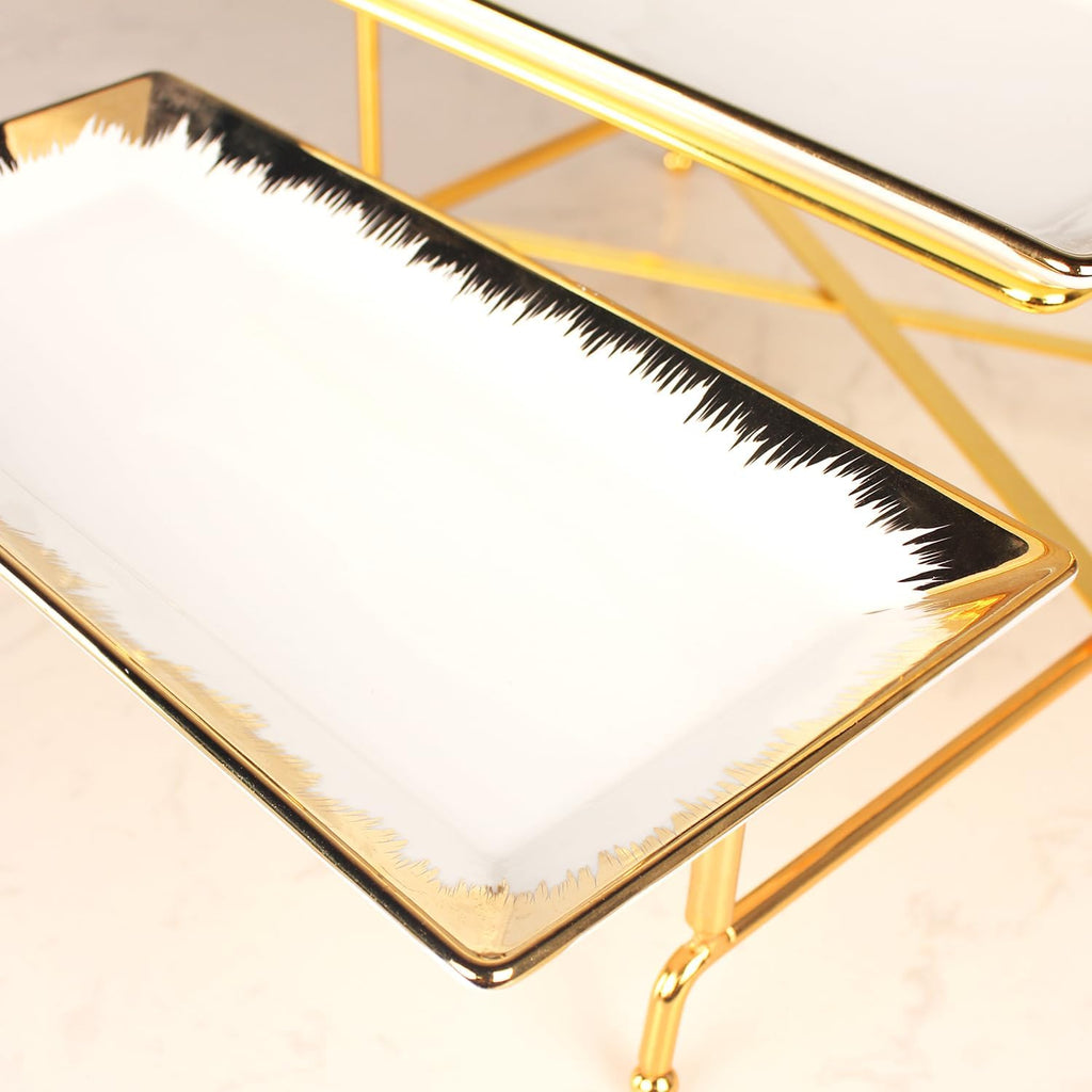 3-Tiered Serving Rack with Ceramic Tray, Foldable Gold Stand with 3-PCS 11.4 Inch Gold Rim Plates, for Food Display