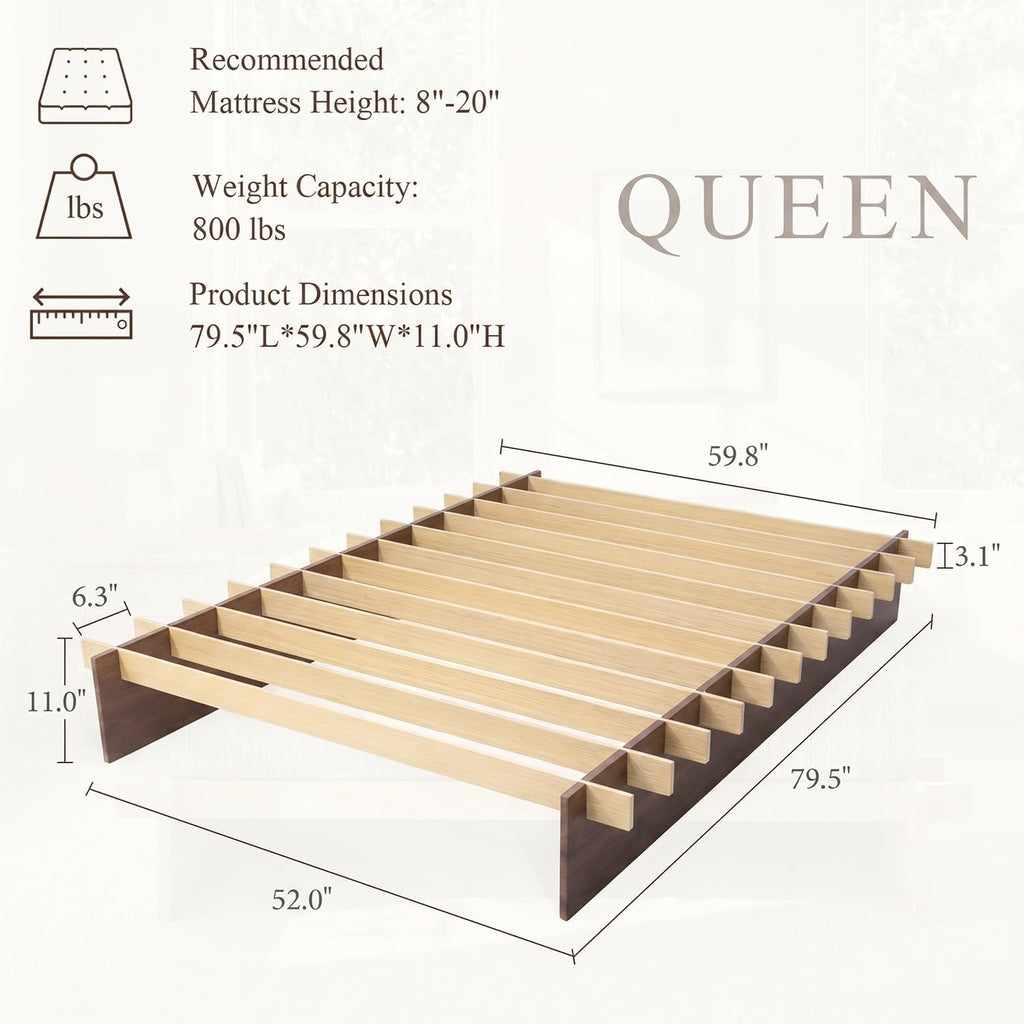 Wood Platform Bed Frame, Platform Bed Frame with Wooden Slats, 10 Min Tool Free Assembly, Japanese
