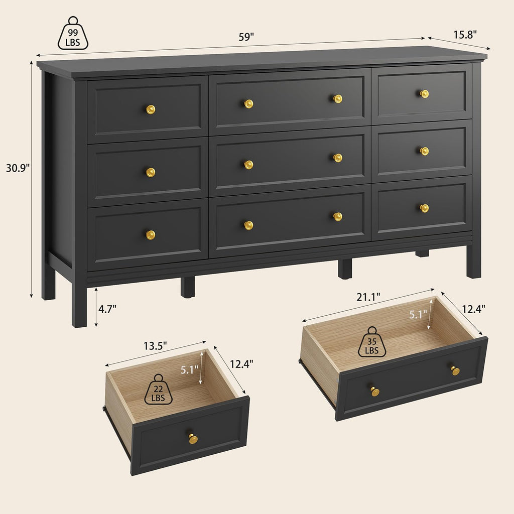 59" Black Dresser with 9 Drawer & Modern Gold Handles
